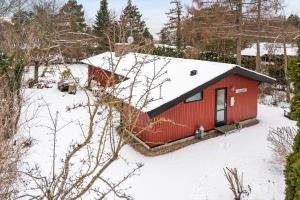 a red shed with a dog in the snow at 3000-Stege-Stejlepladsen-13 in Stege