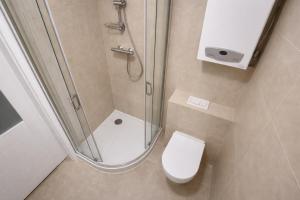a small bathroom with a shower and a toilet at Apartment Katamaran in Krakow