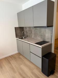 a kitchen with white cabinets and a sink at Hotel & Appartementen Royal in Sas van Gent