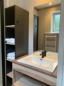a bathroom with a sink and a mirror at Les cottages du Tremble in Ruffec +30 photos