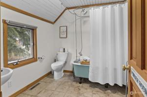 a bathroom with a toilet and a shower curtain at Huckleberry House in Roslyn +25 photos