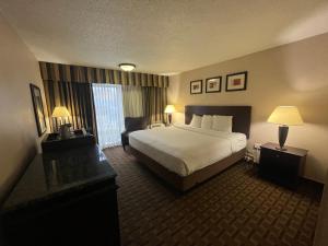 a hotel room with a bed and a window at Derby Hotel & Suites in Clarksville +16 photos
