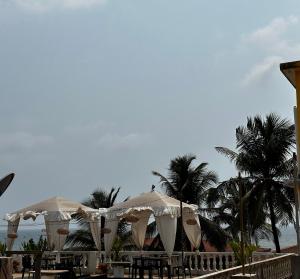 a patio with umbrellas and palm trees on a beach at Seaway inn guesthouse in Baga