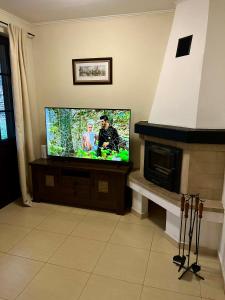 a living room with a flat screen tv and a fireplace at Къща за гости Геша Форест 3 in Dryanovo