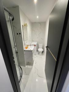 a bathroom with a toilet and a sink at CityView Tychy in Tychy +7 photos