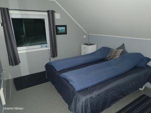 a bedroom with a bed with blue sheets and a window at Charles Country House in Solstad