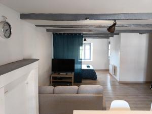 a living room with a couch and a television at Hébergements Sylvain in Neuilly-lʼÉvêque +86 photos