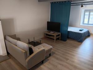 a living room with a couch and a tv and a bed at Hébergements Sylvain in Neuilly-lʼÉvêque