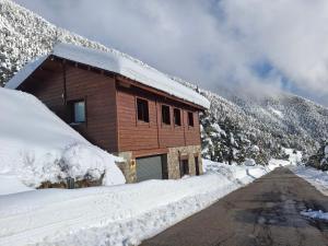 a wooden cabin with snow on the side of a mountain at Mitja Pensió Hostal Pastuira Vallter 11 in Setcases +10 photos
