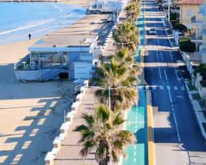 an aerial view of a beach with palm trees at Casa Tikiri in Casalbordino
