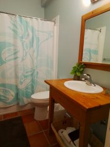a bathroom with a sink and a toilet and a mirror at 203 at Water's Edge in Ucluelet