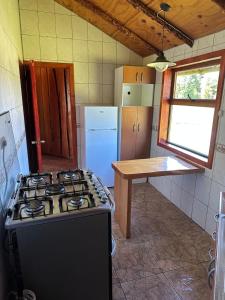 a kitchen with a stove and a counter top at Cabañas Kuela in Puerto Varas