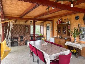a kitchen and dining room with a table and chairs at CABANA CASA LU'BACIU in Arpaşu de Sus