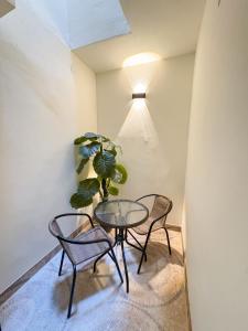 a table and chairs in a room with a plant at Hospedaje Gran Imperial in Tumbes