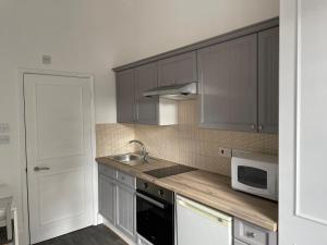 a kitchen with gray cabinets and a sink and a microwave at Self Contained Studio Flat in London