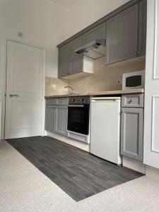 a kitchen with stainless steel appliances and gray cabinets at Self Contained Studio Flat in London