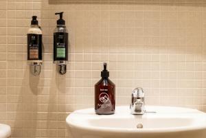 a bathroom with two bottles of soap on a sink at Hotel Nau Iori in Vielha