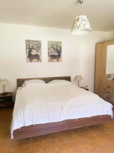 a bedroom with a bed and two paintings on the wall at Chalupa U Revíru in Chvalčov