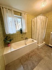 a bathroom with a tub and a shower with a window at Haus Elisabeth in Nagold