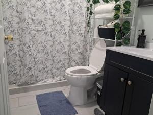a bathroom with a toilet and a shower curtain at Marie view Rentals in Abaco +17 photos