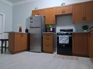 a kitchen with wooden cabinets and a stainless steel refrigerator at Marie view Rentals in Abaco