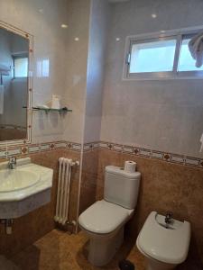 a bathroom with a toilet and a sink and a window at Hotel Espada a 174 kilómetros de Santiago de Compostela in A Rúa