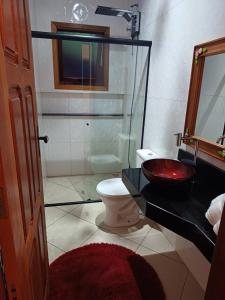 a bathroom with a toilet and a glass shower at Chalés Maktub 1 in Camanducaia +7 photos