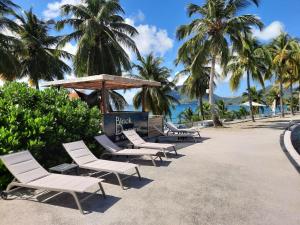 a row of chairs on a beach with palm trees at Diamantchery - Vue mer avec Deck privatif in Le Diamant