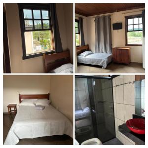 three pictures of a bedroom with two beds and a shower at Palladium Hotel in Rio Piracicaba
