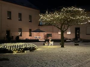 a tree covered in lights next to a building at Pension Krahmer in Chemnitz