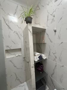 a bathroom with white marble walls and a potted plant at Hospedaje Adha Chivilcoy III in Chivilcoy +6 photos