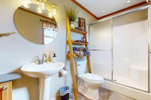 a bathroom with a toilet and a sink and a mirror at Cabin 2: Lakeside in Murphysboro in Etherton +18 photos