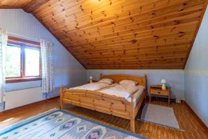 a bedroom with a bed with a wooden ceiling at KRO863-Virestad-Stubbalycke-4 in Virestad