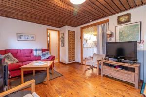 a living room with a red couch and a tv at KRO891-Hallaryd-Kalvshult-8 in Hallaryd