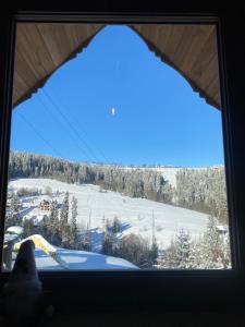 a person looking out a window at a snow covered field at Domek Zakopane Folk Chalet in Zakopane