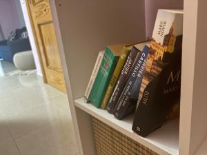 a row of books sitting on a shelf at Encantador, tranquilo y centrico in Málaga