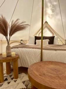 ein Schlafzimmer mit einem Bett in einem Zelt mit einem Tisch in der Unterkunft Rustic Ridge in Gentry