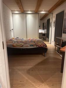 a bedroom with a bed in the middle of a room at Stråtækt Idyl in Nørre Kollund