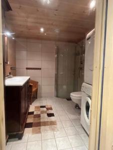 a bathroom with a toilet sink and a washing machine at The View - Mountain cabin with stunning views in Stranda +27 photos