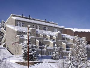 a building covered in snow with trees in front of it at Mountain Adventure Basecamp + Hot Tubs in Winter Park +14 photos
