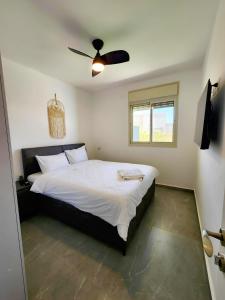 a bedroom with a large bed with a ceiling fan at בית נופש - הדקל והים אילת in Eilat +25 photos