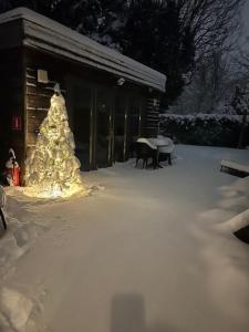 a snow covered christmas tree in front of a house at Zen & Bulles - 10 min du circuit de Spa - Francorchamps in Sart-lez-Spa
