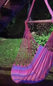 a pink and blue hammock on a swing at Oasis nature et cascade privée in Atihiva