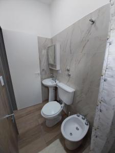 a bathroom with a white toilet and a sink at Dormi km3 in Comodoro Rivadavia