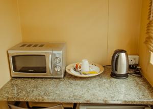 a microwave on a counter with a plate of food at Josef Self Catering in Swakopmund