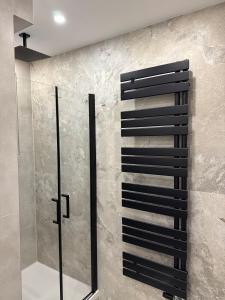 a bathroom with a shower with a glass door at Mete Stays - Modern - Workspace - Cool location in Ingolstadt +36 photos
