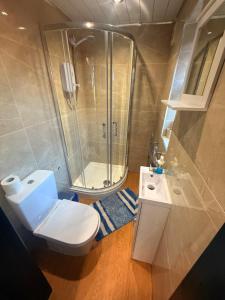 a bathroom with a shower and a toilet and a sink at Tarleton house in Stoke on Trent +19 photos