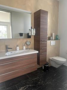 a bathroom with a sink and a toilet at Boutique glam and chic apartament in Rothrist in Rothrist +6 photos