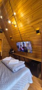 a bedroom with a bed and a tv on the wall at Chalé dos Buritis 02 in Chapada dos Guimarães