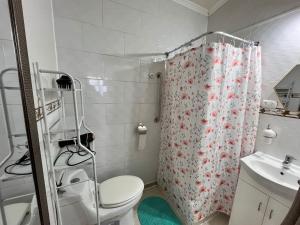 a bathroom with a toilet and a shower curtain at Hospedaje Brisas de Frutillar in Frutillar